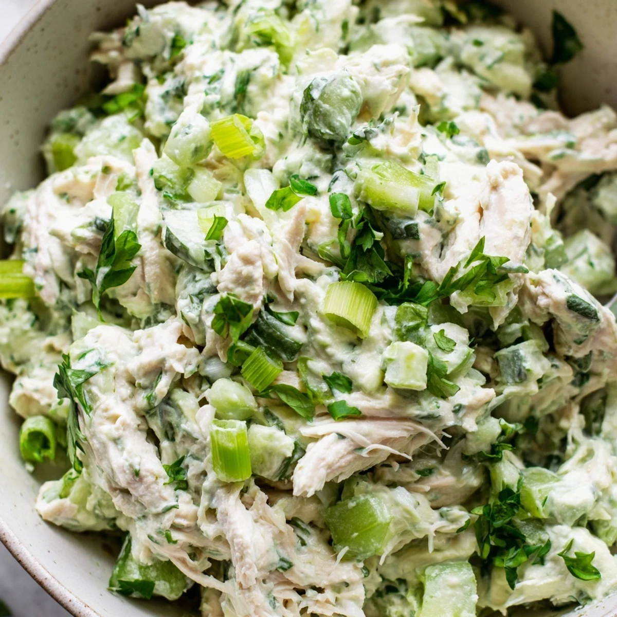 Creamy Green Goddess Chicken Salad Dip served in a white bowl with fresh herb garnish and crackers