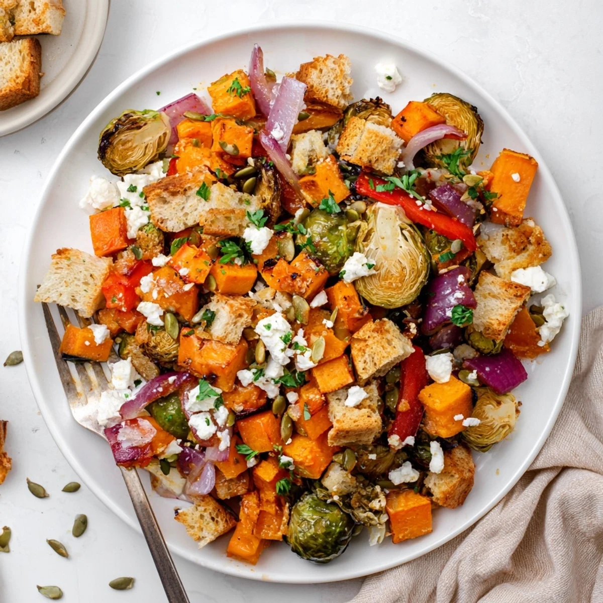 Golden roasted fall vegetables and crispy bread cubes tossed in tangy vinaigrette for this hearty Panzanella Salad