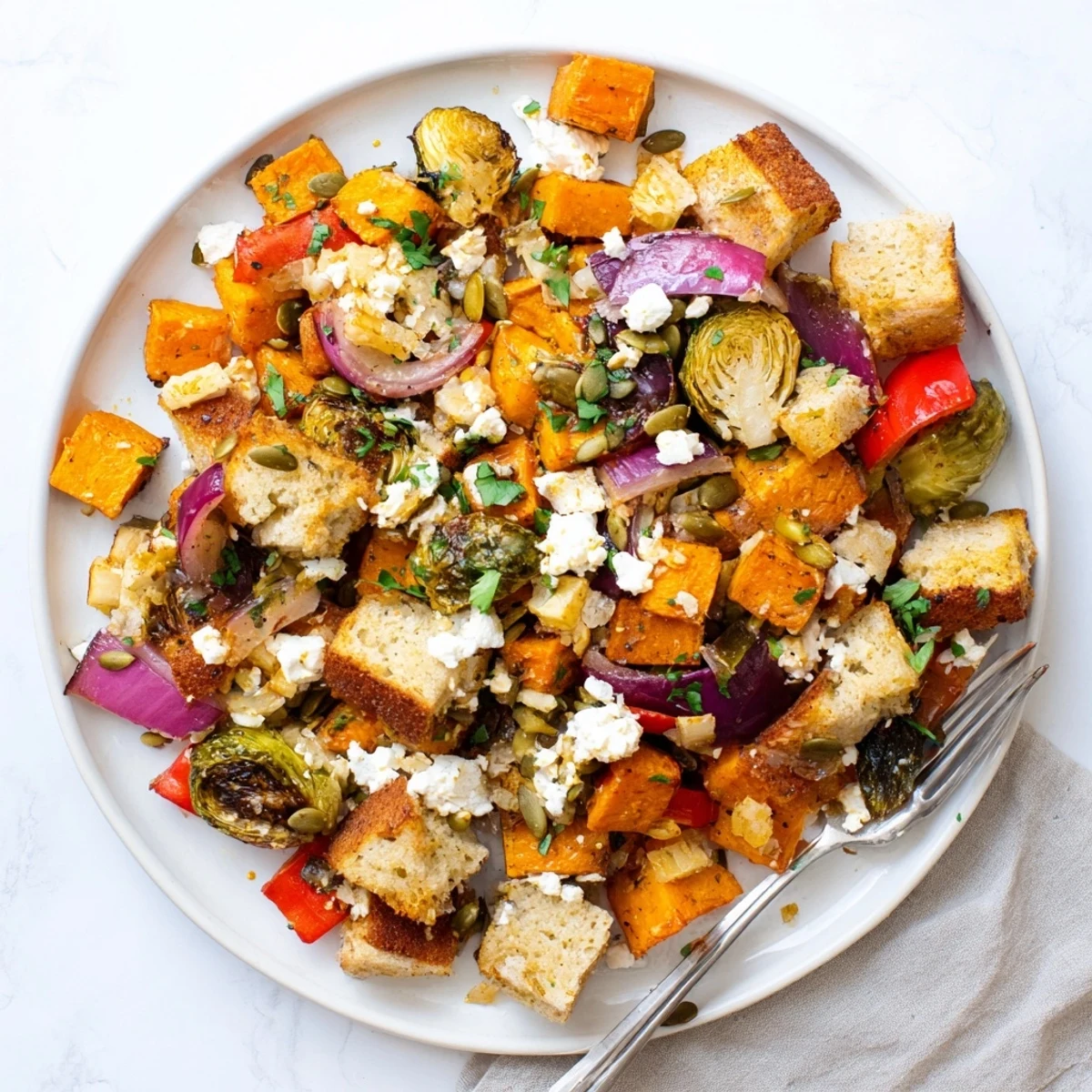 Rustic bowl of Fall Roasted Vegetable Panzanella Salad featuring sweet potatoes squash and toasted sourdough