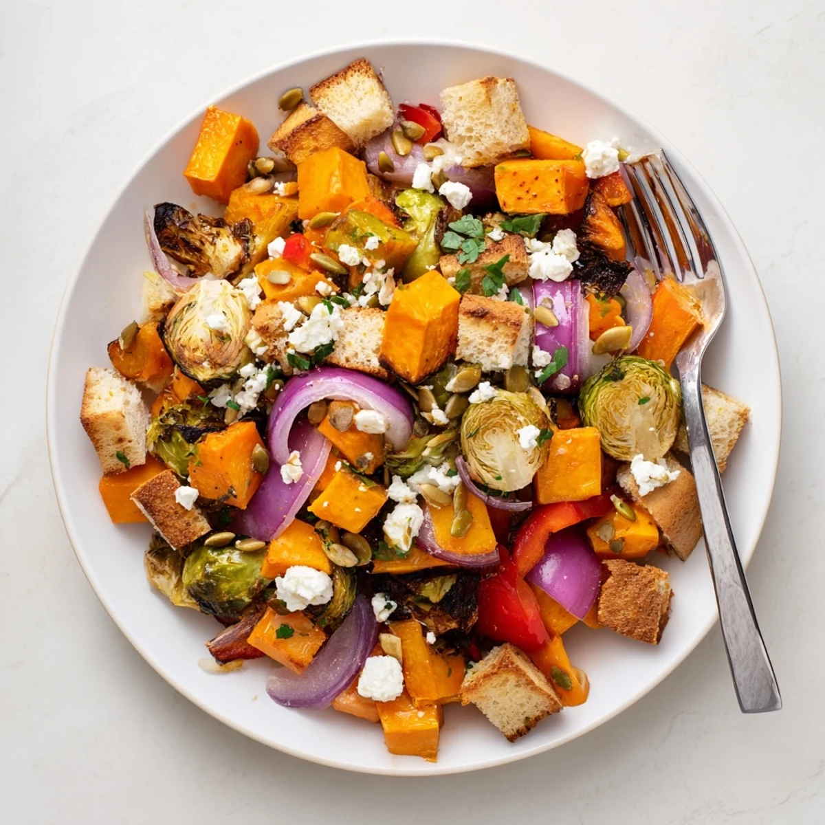 Vibrant autumn salad with roasted Brussels sprouts butternut squash and golden bread in Fall Roasted Vegetable Panzanella Salad