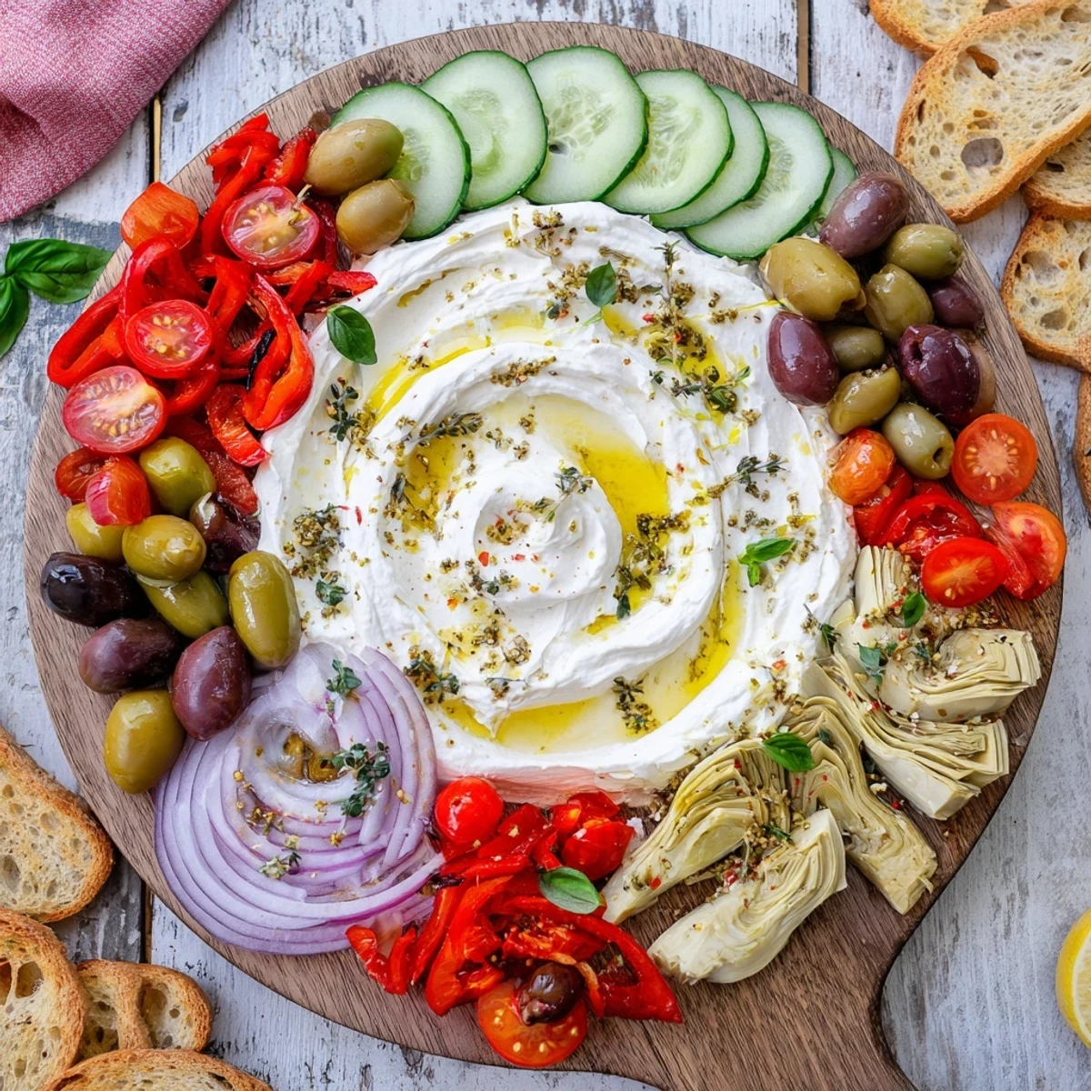 Creamy Mediterranean ricotta board topped with colorful vegetables, olives, and fresh herbs on a wooden platter