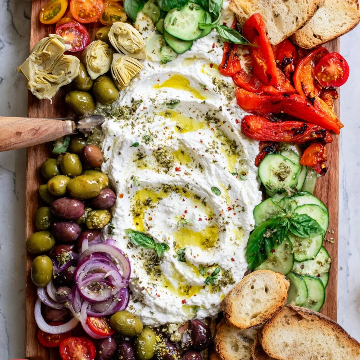 Vibrant appetizer spread featuring whipped ricotta with cherry tomatoes, cucumber, and roasted red peppers for entertaining