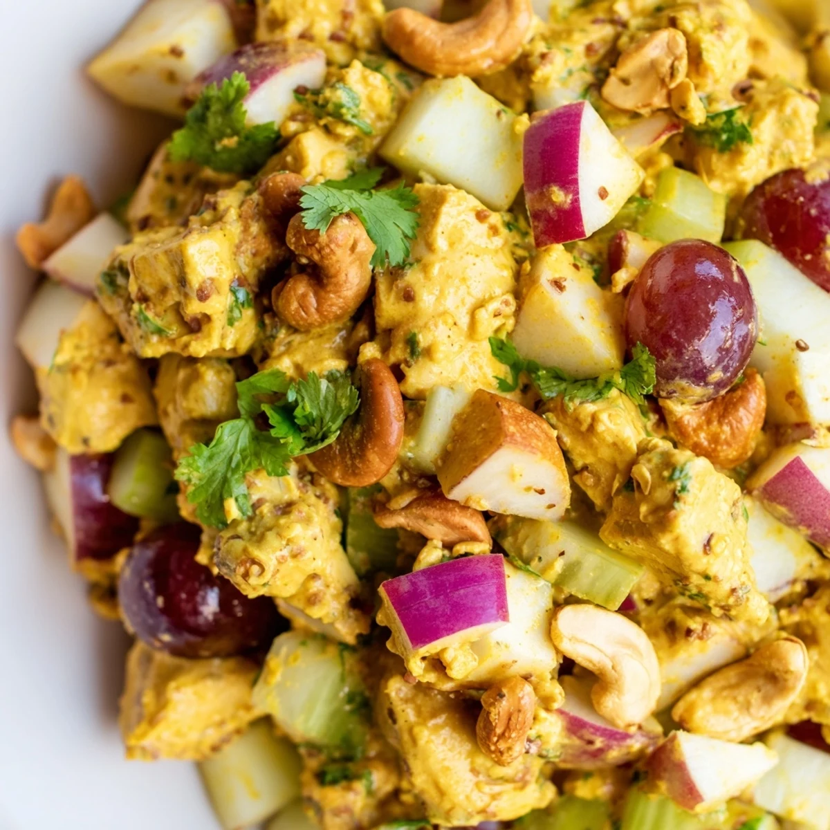 Golden Ultimate Curry Chicken Salad featuring tender chunks, crisp grapes, and toasted cashews in creamy yellow dressing