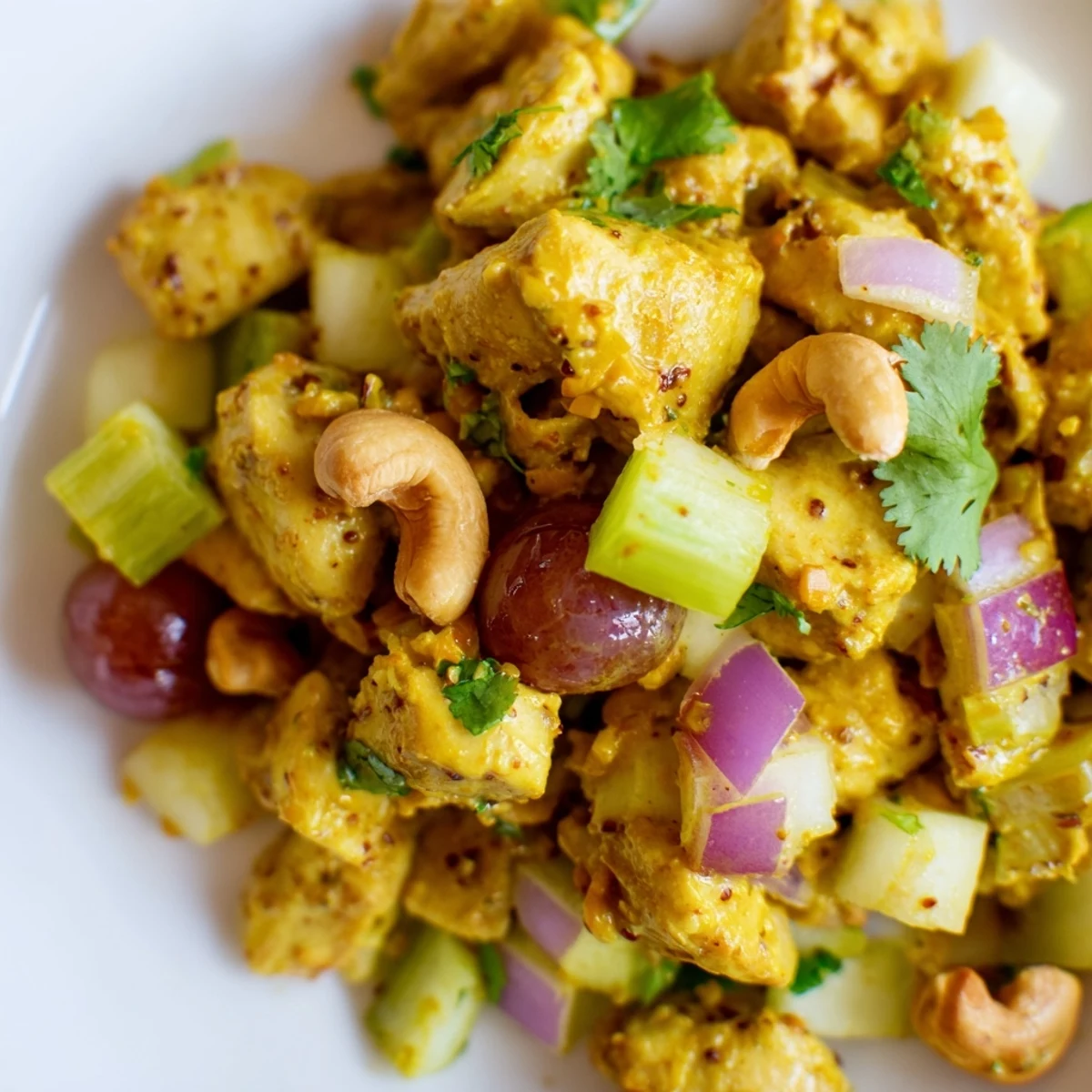 Colorful bowl of Ultimate Curry Chicken Salad served with fresh cilantro over a bed of crisp green lettuce