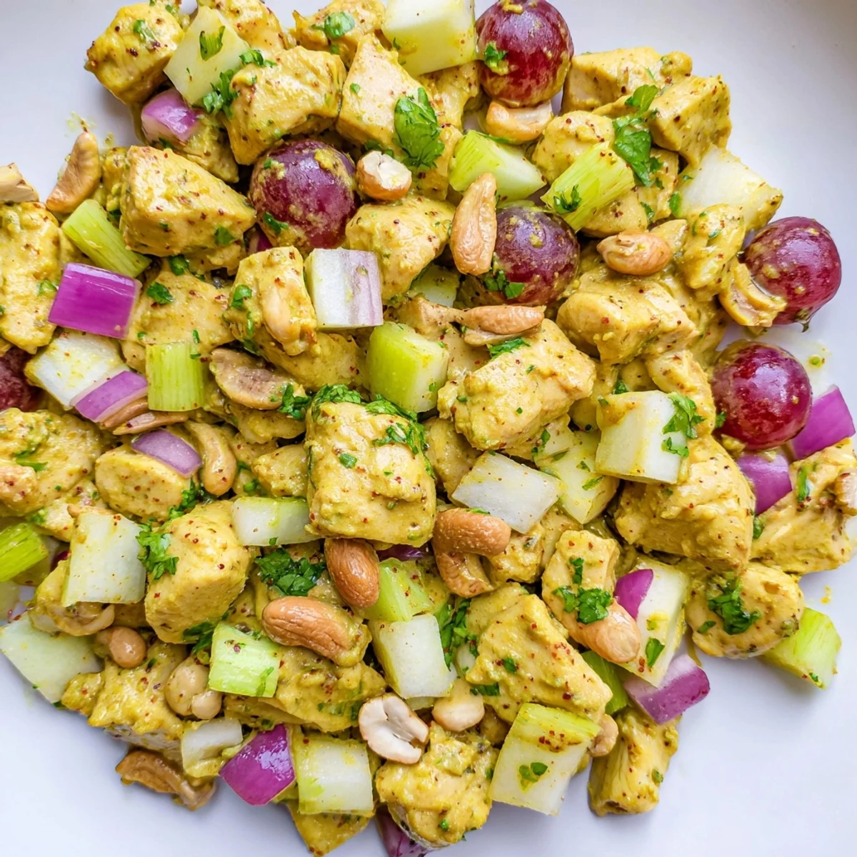 Close-up of Ultimate Curry Chicken Salad showing diced apples, celery, and fragrant curry-spiced mayonnaise coating