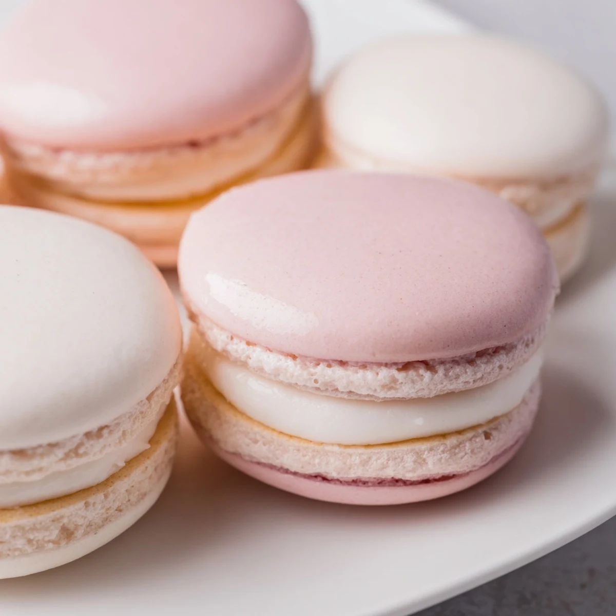 Crispy chewy French macarons in pastel shades arranged on a wooden board