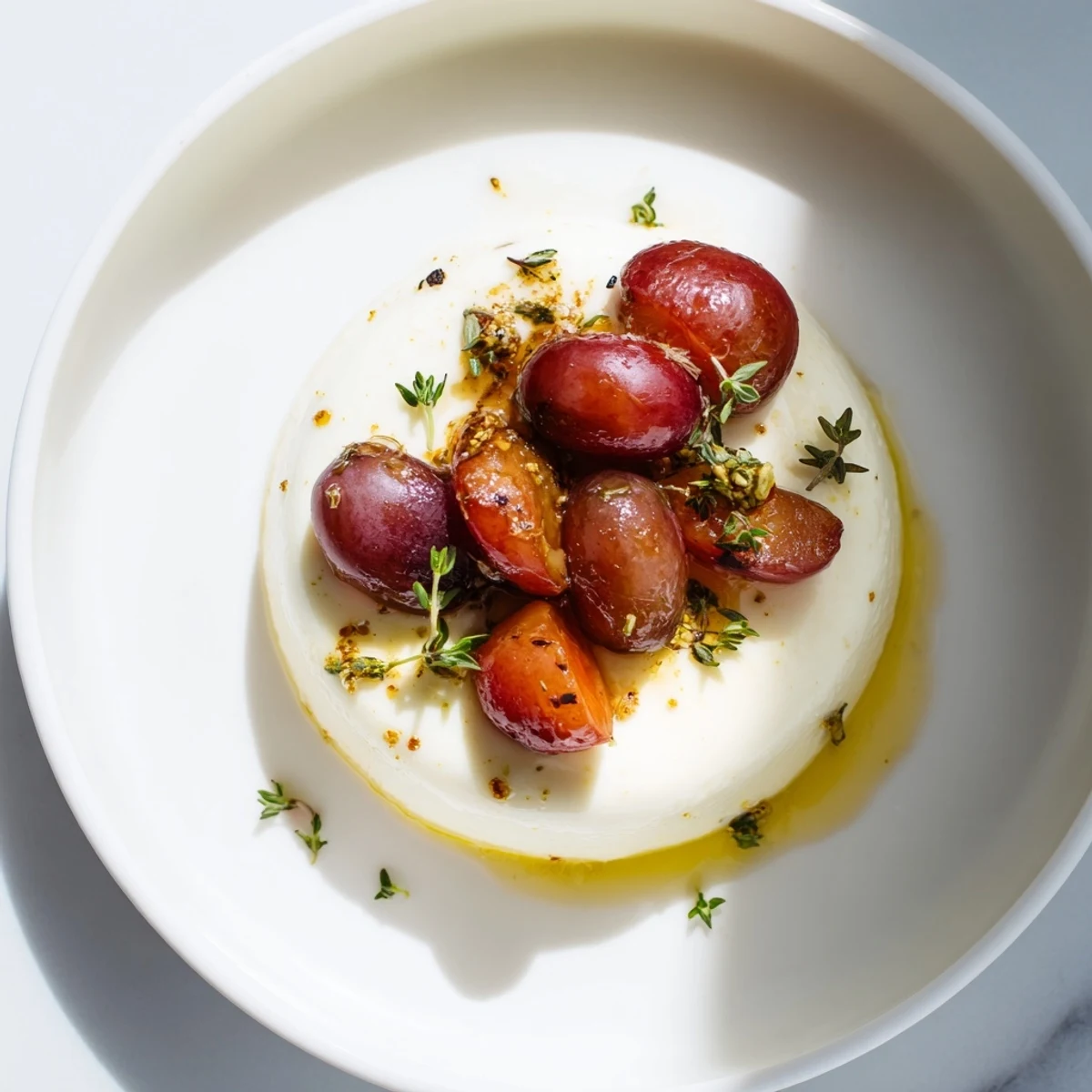 Creamy lemon panna cotta dessert garnished with caramelized roasted grapes and fresh fruit