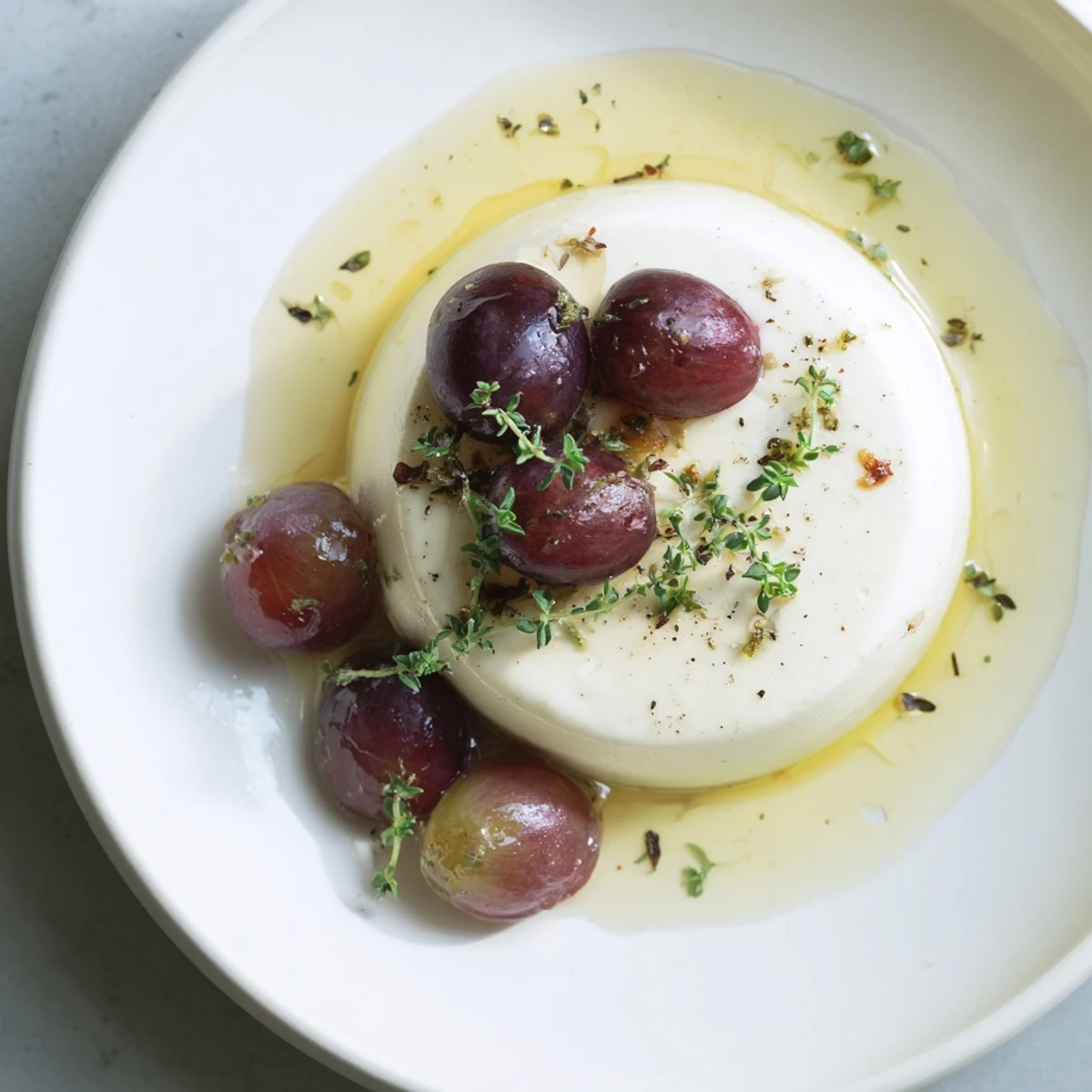 Silky lemon panna cotta topped with roasted and fresh grapes on white plate