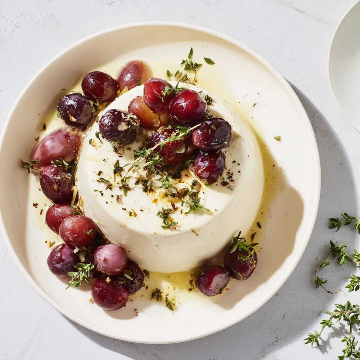 Golden lemon panna cotta served with sweet grapes two ways on elegant plate