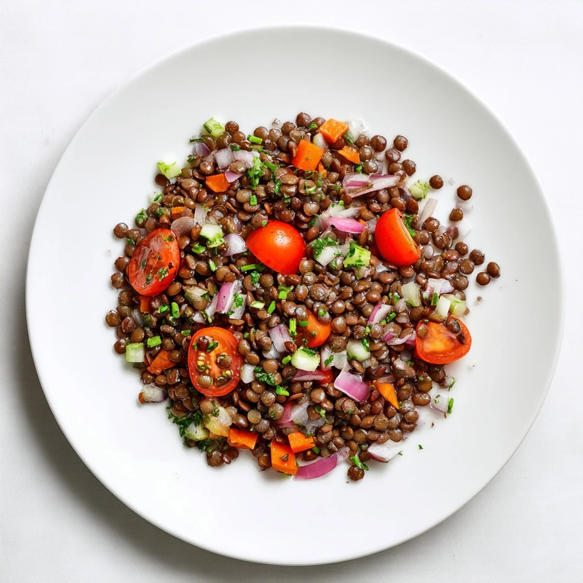 Rustic French Lentil Salad with Zesty Dijon Vinaigrette plated with crisp red onion carrots celery and bright cherry tomatoes