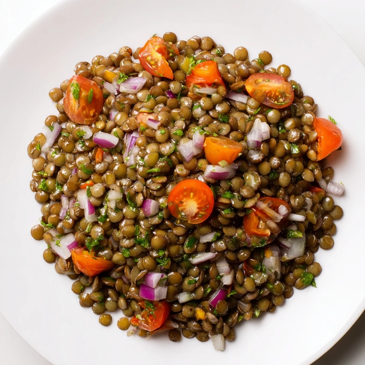 Golden bowl of French Lentil Salad with Zesty Dijon Vinaigrette tossed with colorful diced vegetables and fresh herbs