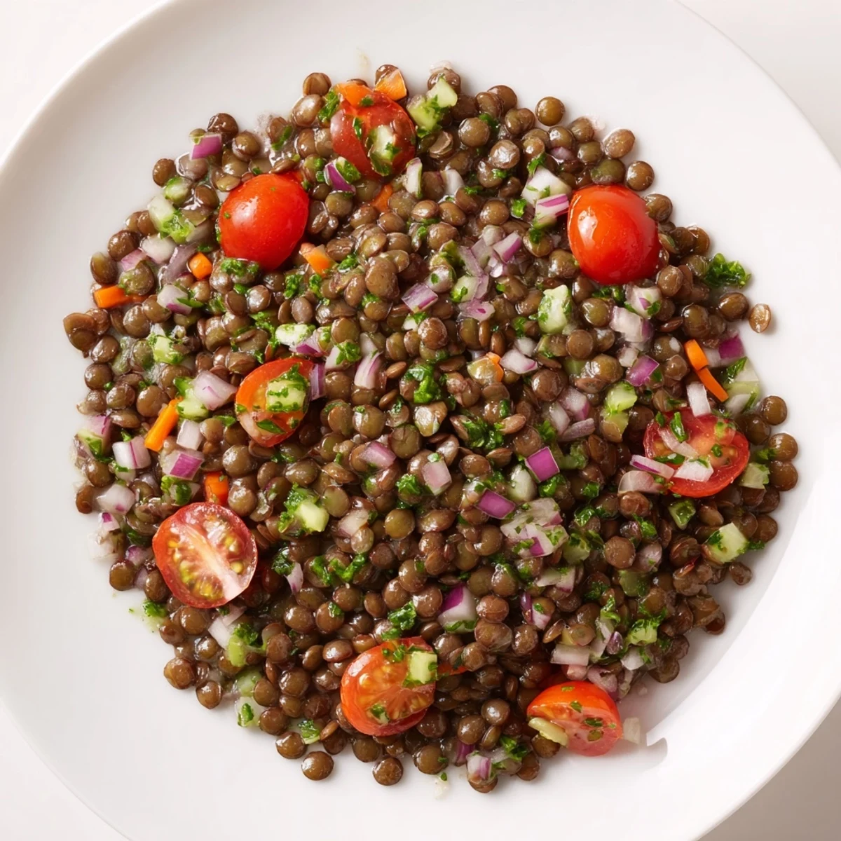 Close-up of tender French Lentil Salad with Zesty Dijon Vinaigrette garnished with chopped parsley and chives in white serving dish