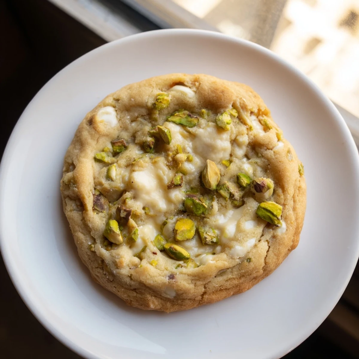 Close-up of chewy white chocolate pistachio cookies showing melted chocolate and crunchy roasted pistachio pieces