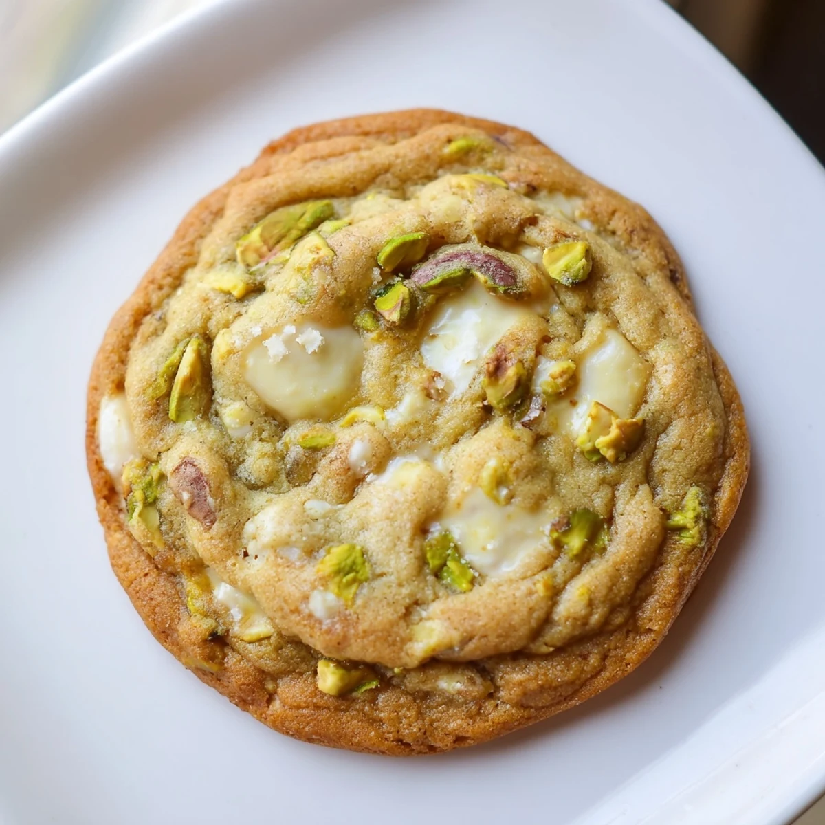 Golden brown white chocolate pistachio cookies with creamy chunks and green nut speckles on a baking sheet