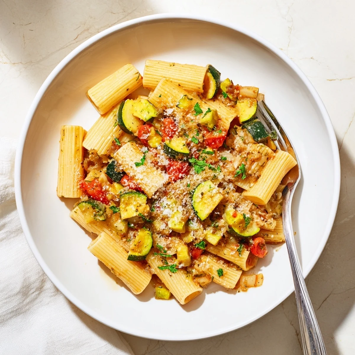 Fresh Italian zucchini sauce simmering with diced tomatoes and fragrant herbs in a skillet