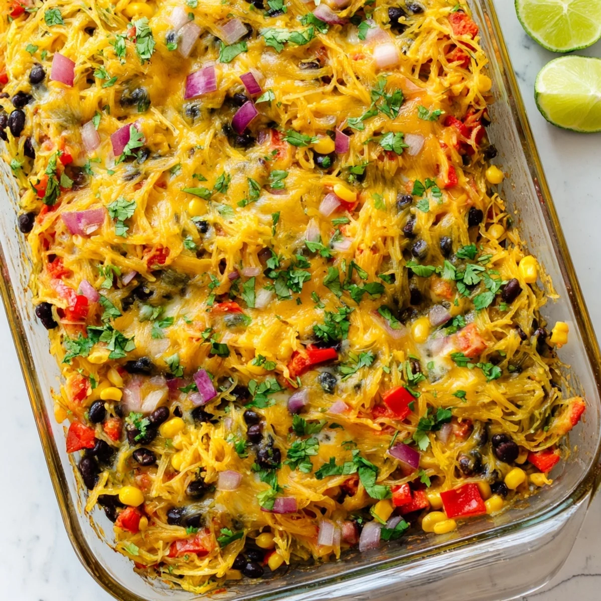 Golden melted cheese tops this Mexican spaghetti squash casserole with black beans and colorful vegetables