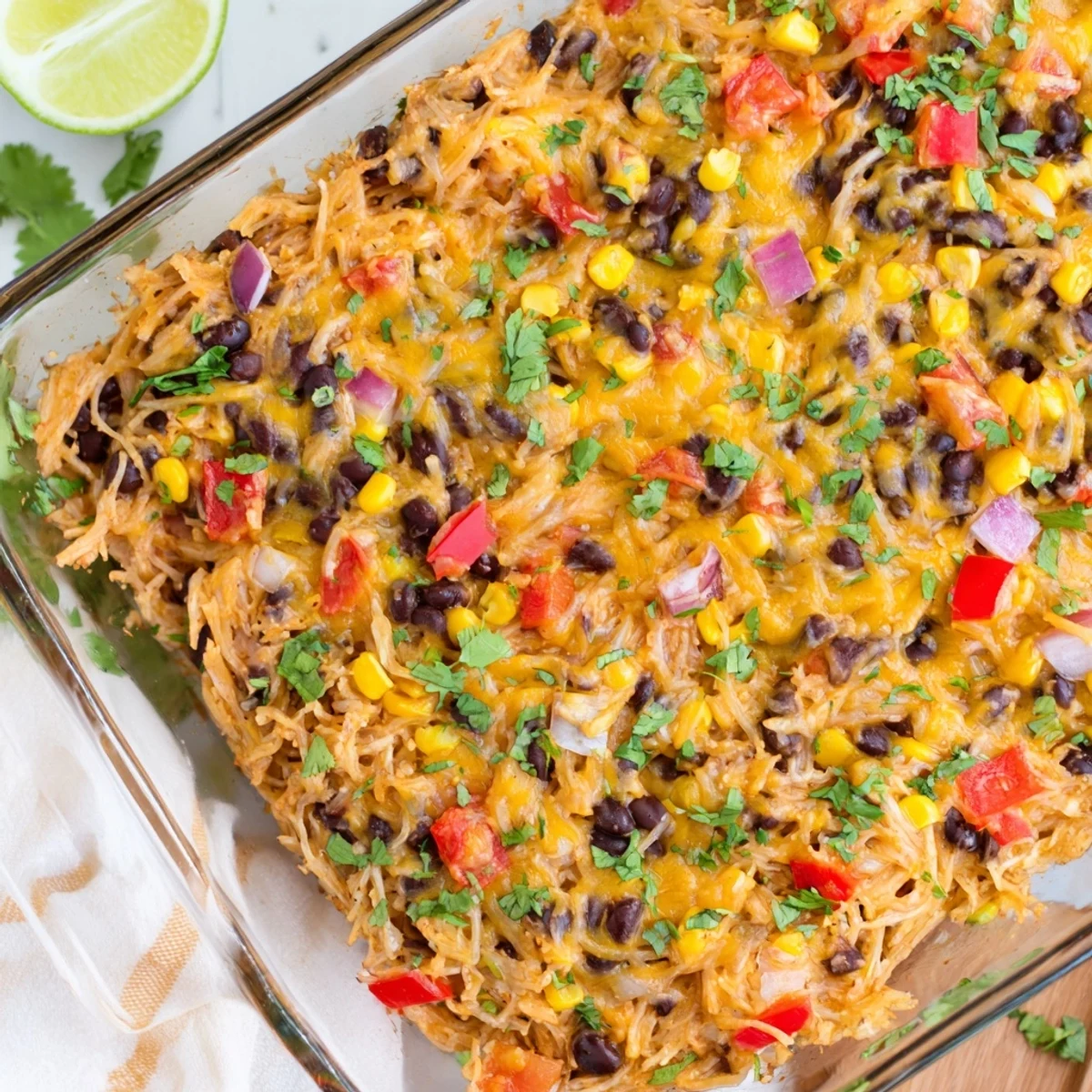Baked Mexican spaghetti squash casserole featuring tender squash strands mixed with spiced beans and corn