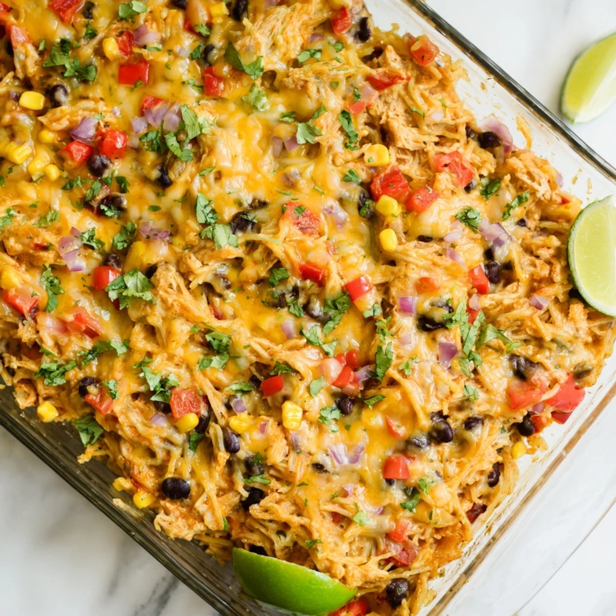 Vibrant Mexican spaghetti squash casserole fresh from the oven with cilantro garnish and bubbling cheese layer