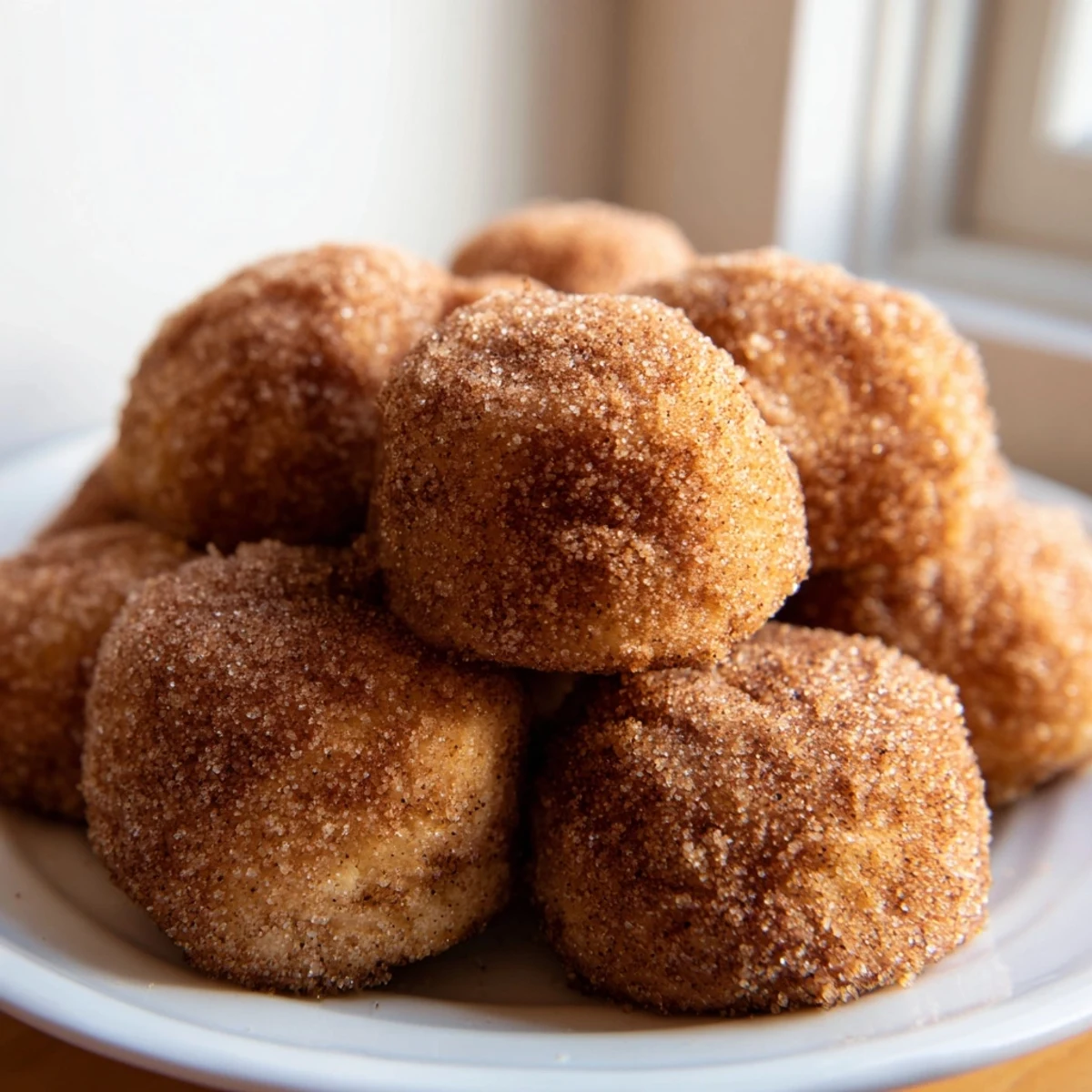 Golden brown cinnamon sugar mini muffins piled on a wire cooling rack