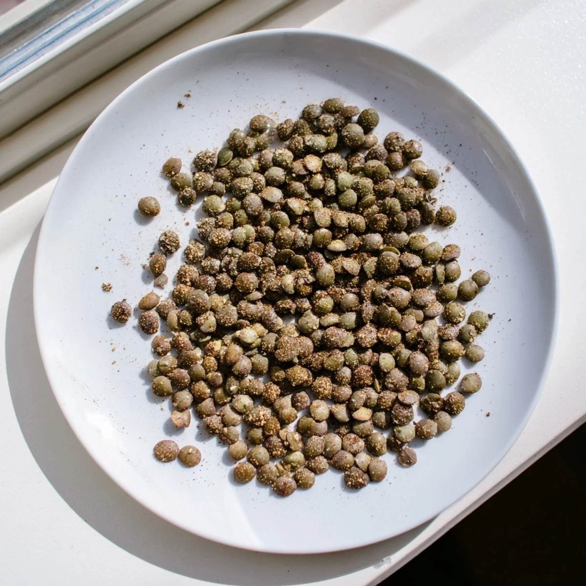 Golden brown crispy roasted lentils sprinkled with smoky spices on a white baking sheet