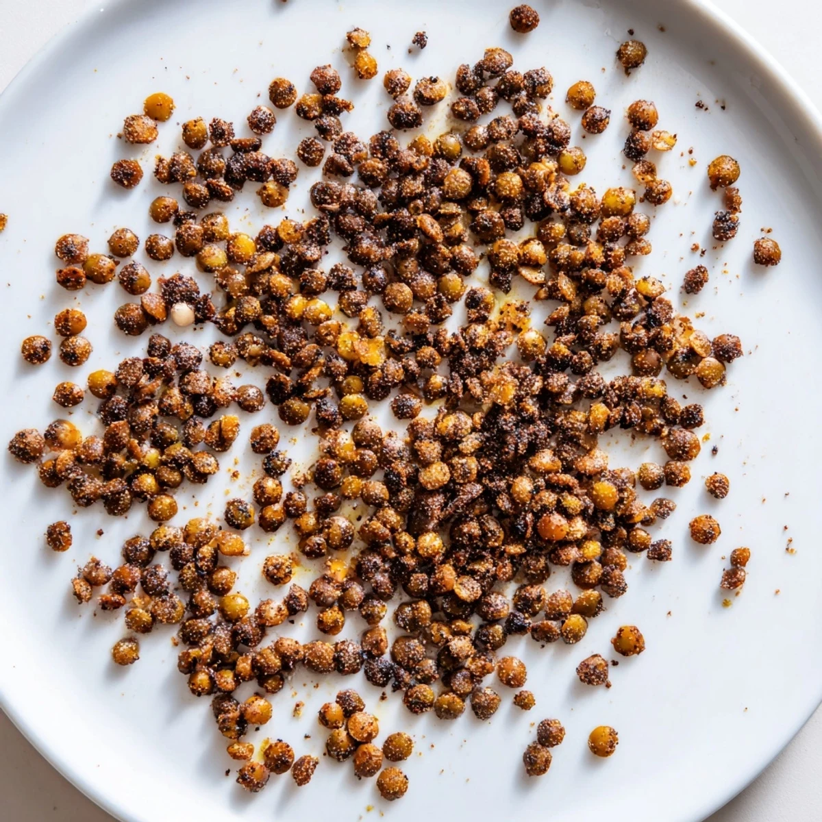 Close up of spiced crispy roasted lentils scattered on parchment paper after roasting
