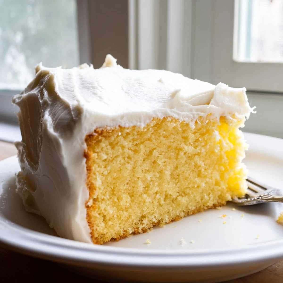 Golden vanilla Church Cake with fluffy white frosting, sprinkled with colorful toppings on a white serving plate