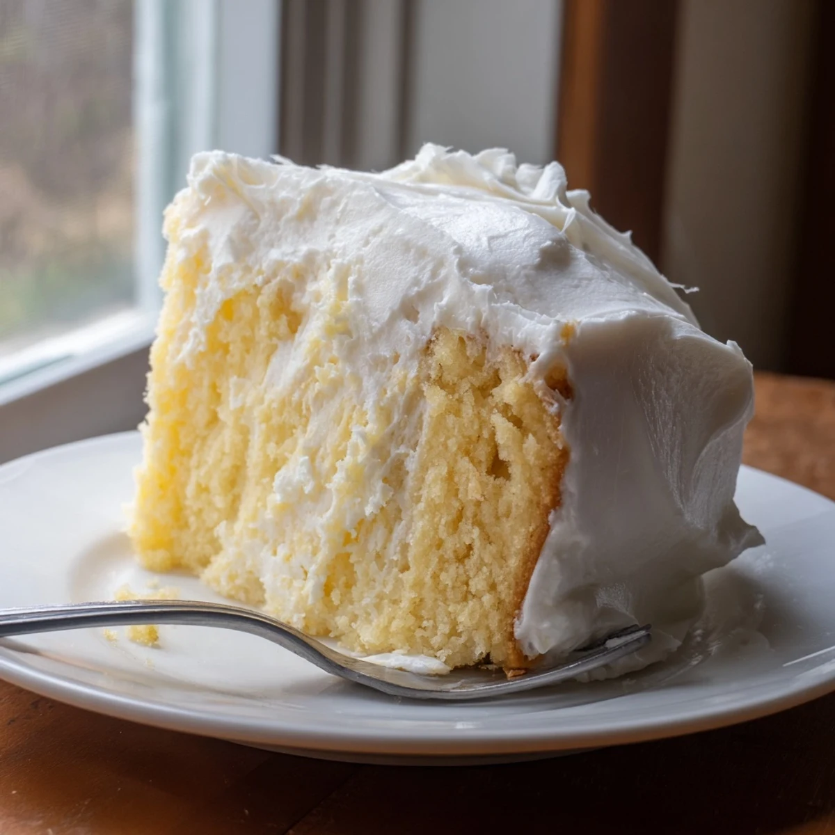 Light and airy Church Cake slice revealing tender yellow crumb, perfect for church potlucks and family gatherings