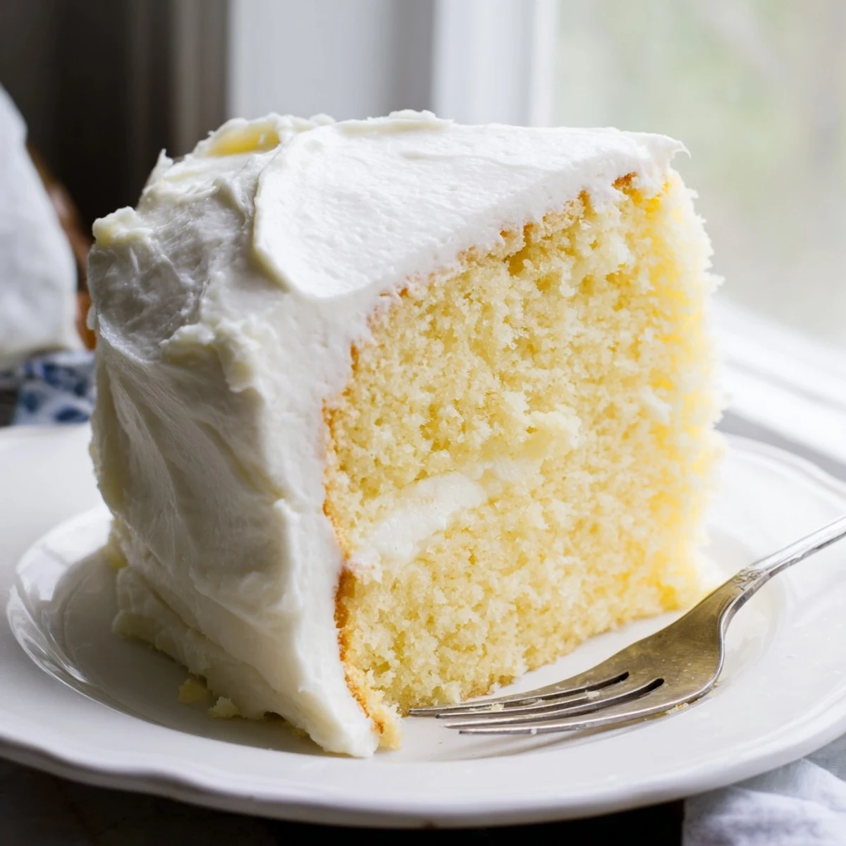 Classic American Church Cake with smooth buttercream frosting, dusted with powdered sugar on a wooden board