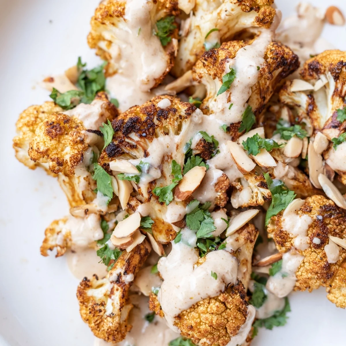 Golden roasted Moroccan cauliflower with tahini honey drizzle and fresh herbs