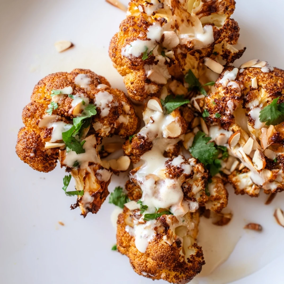Moroccan cauliflower florets coated in aromatic spices topped with creamy tahini honey sauce