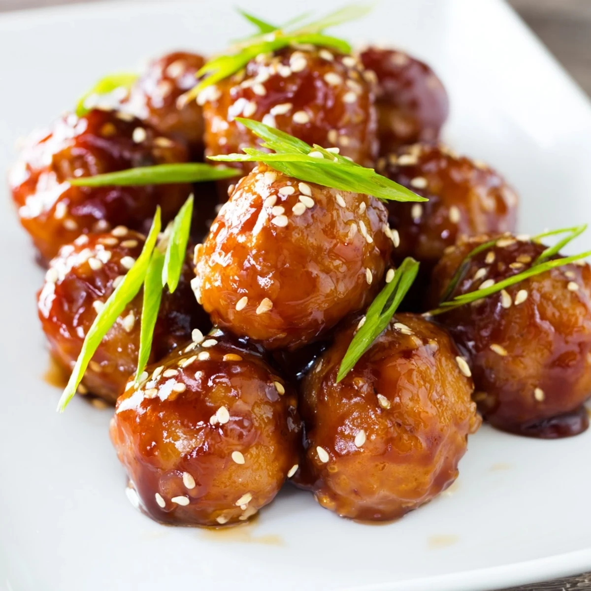 Golden brown Japanese chicken meatballs glazed in glossy teriyaki sauce over white rice