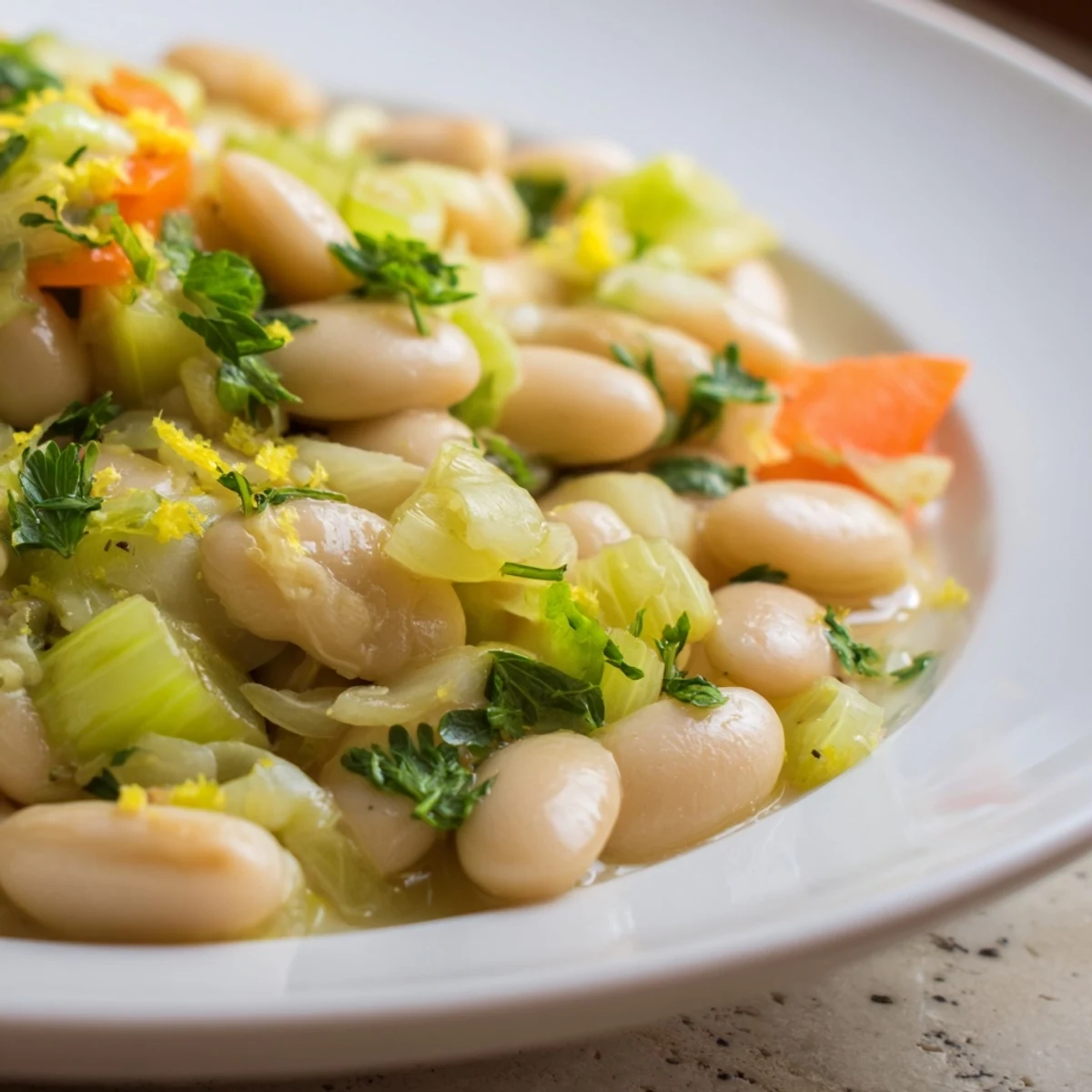 Golden butter beans and tender leeks cooked in vegetable broth with lemon zest