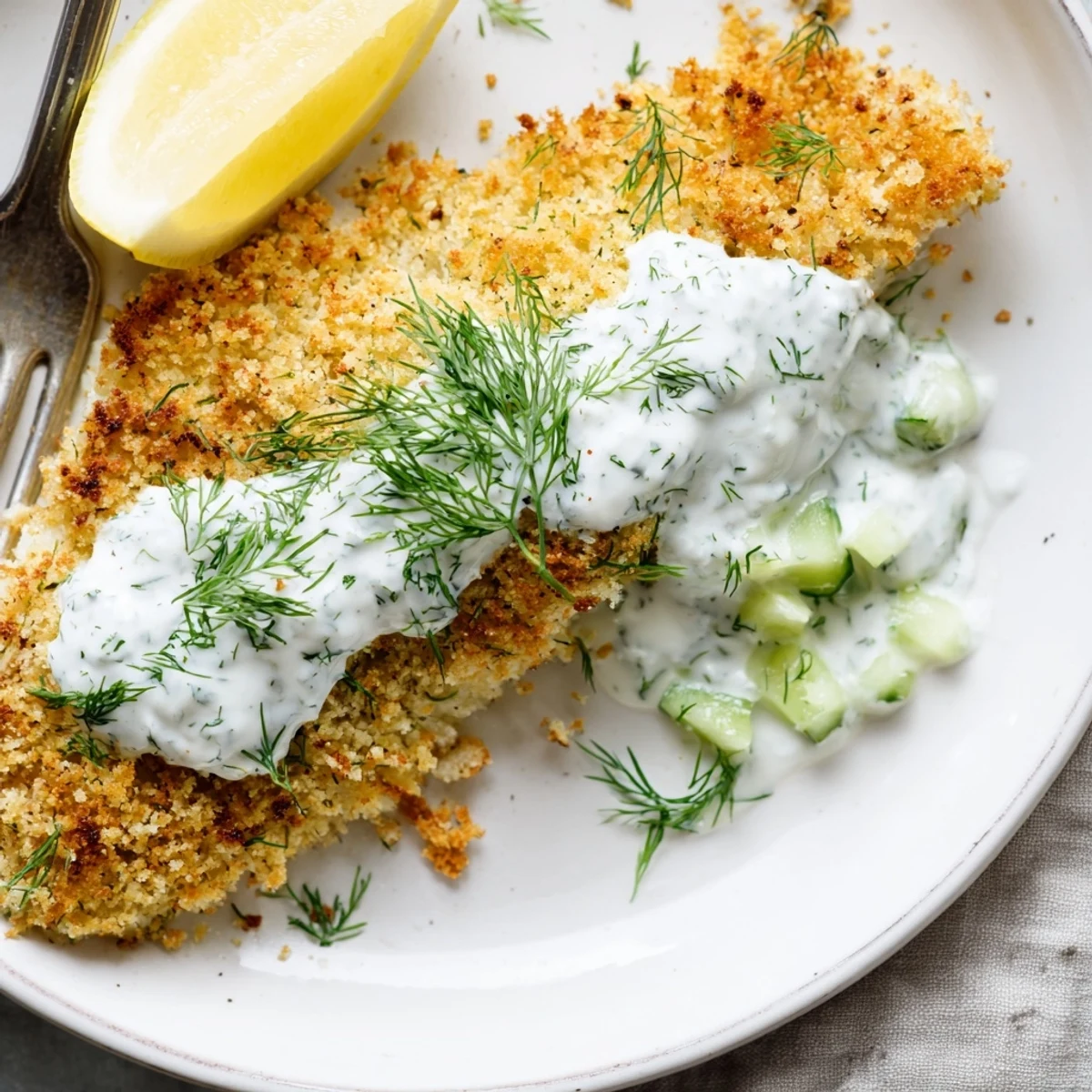 Golden crispy oven baked crumbed fish fillets topped with fresh dill and served alongside cool cucumber yoghurt