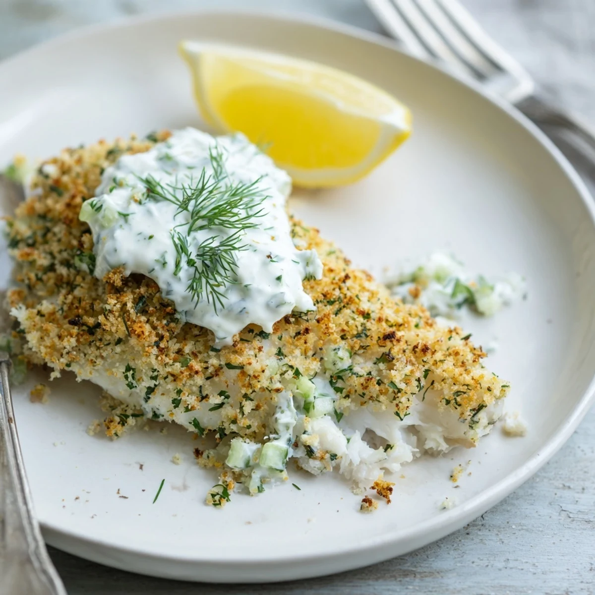 Baked white fish fillets in crispy herb crumbs drizzled with refreshing cucumber dill yoghurt dipping sauce