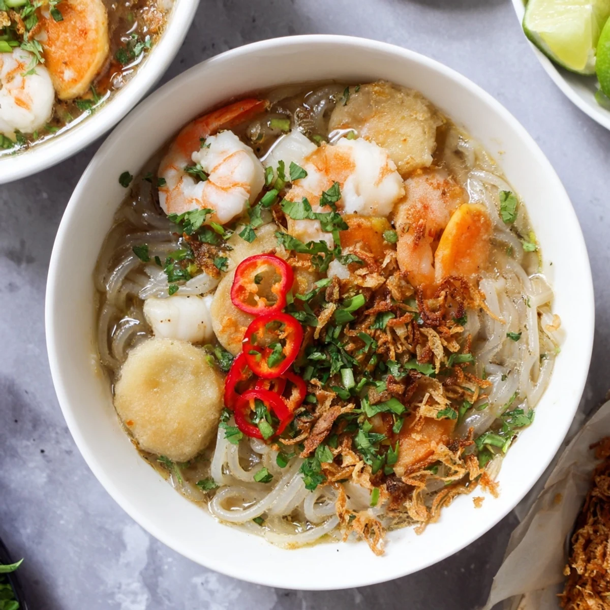 Steaming bowl of Banh Canh Cua Vietnamese crab noodle soup with thick tapioca noodles