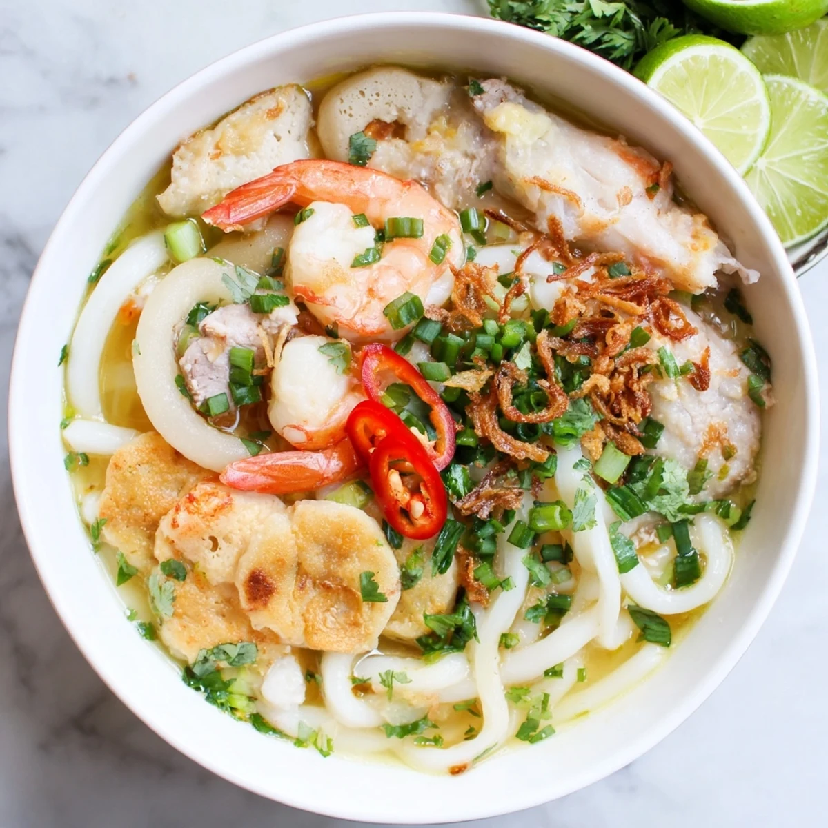 Banh Canh Cua featuring succulent crab meat, shrimp, and aromatic broth garnished with cilantro