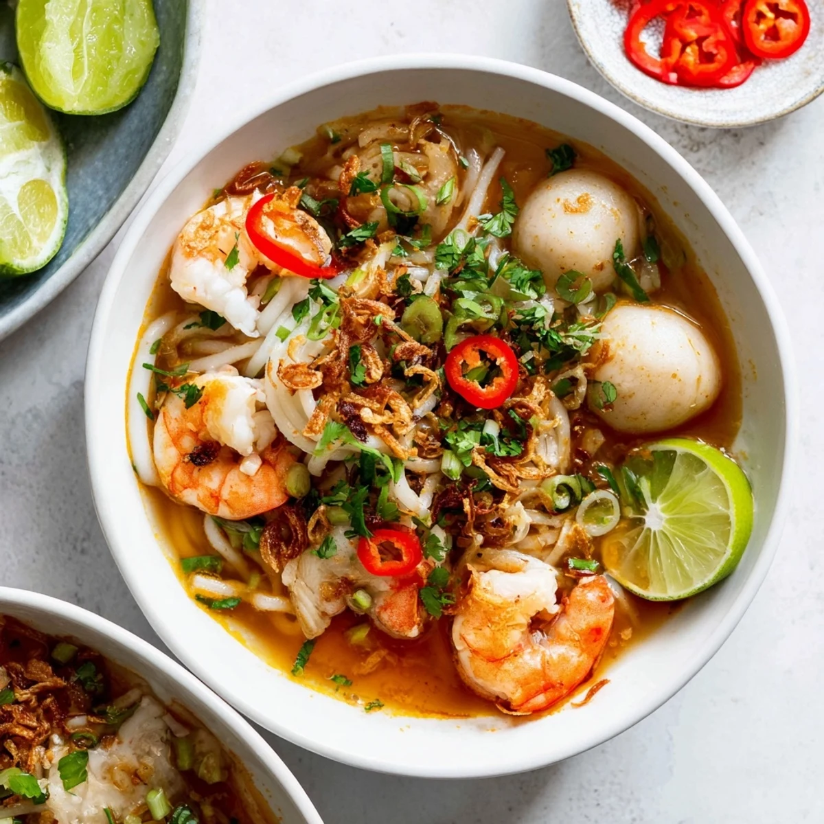 Rich Vietnamese Banh Canh Cua crab soup topped with spring onions and fried shallots