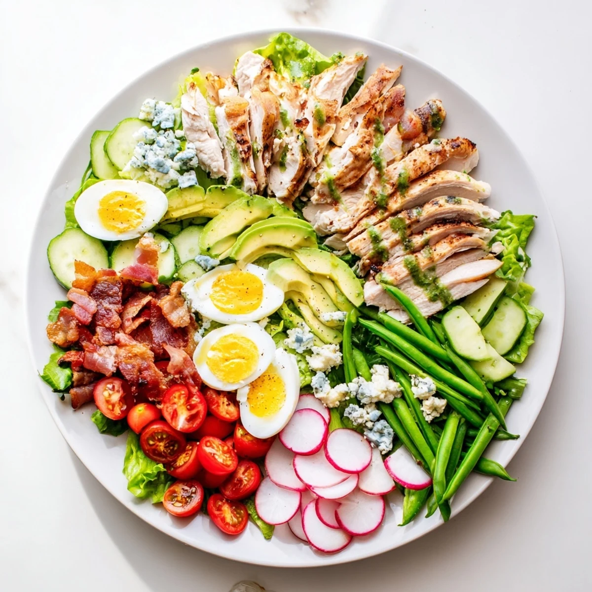 Fresh spring cobb salad arranged with colorful rows of chicken, avocado, and crisp vegetables drizzled with herb vinaigrette