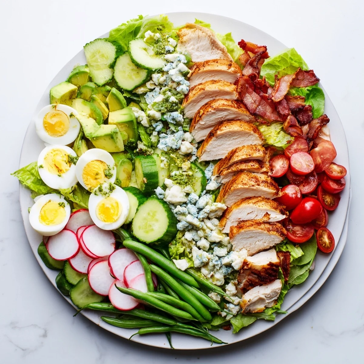 Colorful spring cobb salad featuring grilled chicken, bacon, radishes, cherry tomatoes, blue cheese crumbles, and creamy avocado slices