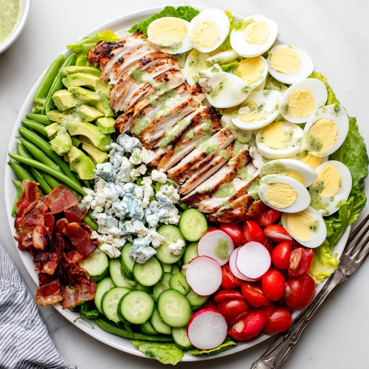 Vibrant spring cobb salad plated with snap peas, cucumber, hard-boiled eggs, and tangy white wine vinaigrette dressing