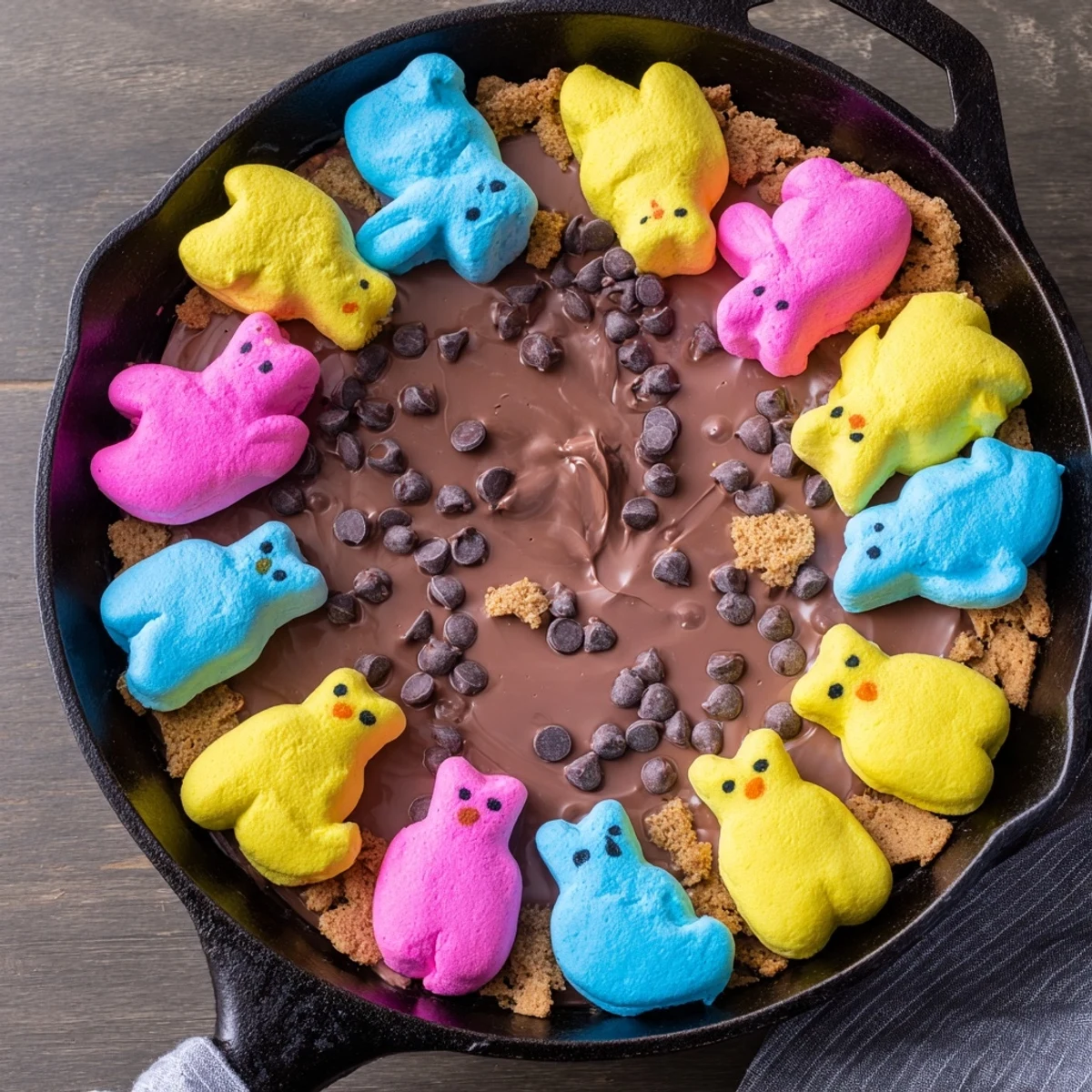 Golden Peeps skillet smores with melted chocolate chips and graham crackers for dipping