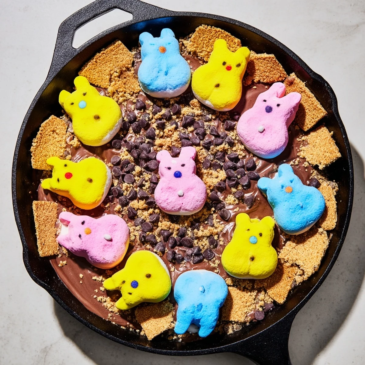 Colorful marshmallow chicks atop gooey chocolate in this easy Peeps skillet smores dessert