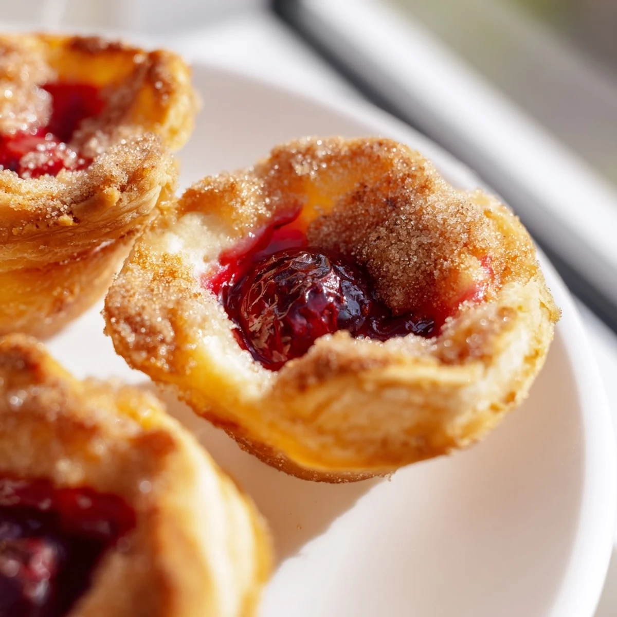 Mini cherry pie bites sprinkled with cinnamon sugar on a serving platter