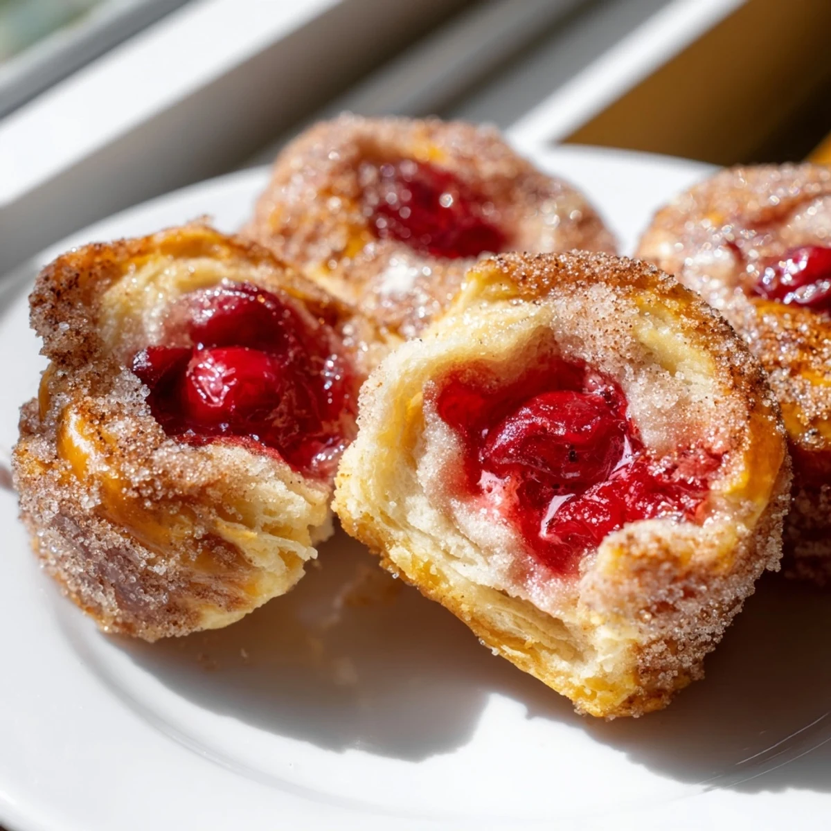 Golden cherry pie bites with bubbling red filling in flaky buttery crusts