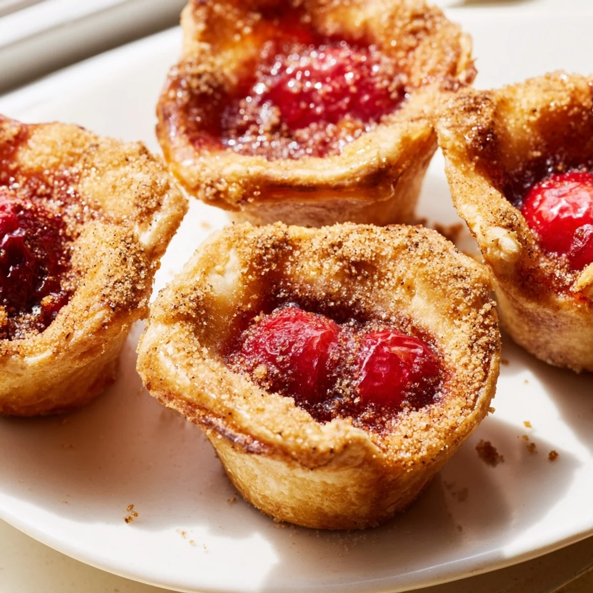 Warm cherry pie bites arranged on a baking sheet with golden edges