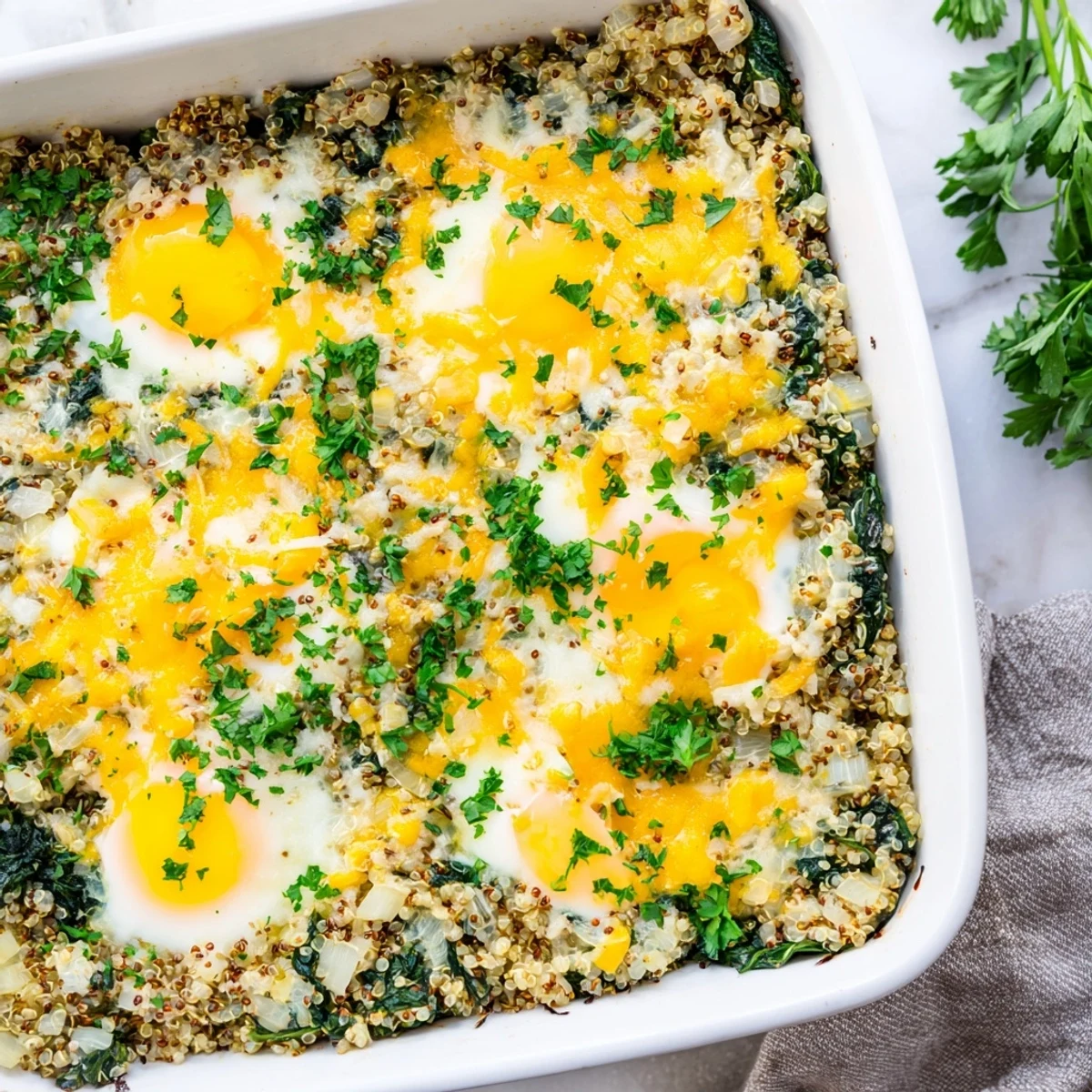 Golden brown quinoa spinach and egg bake topped with melted cheddar cheese and fresh parsley