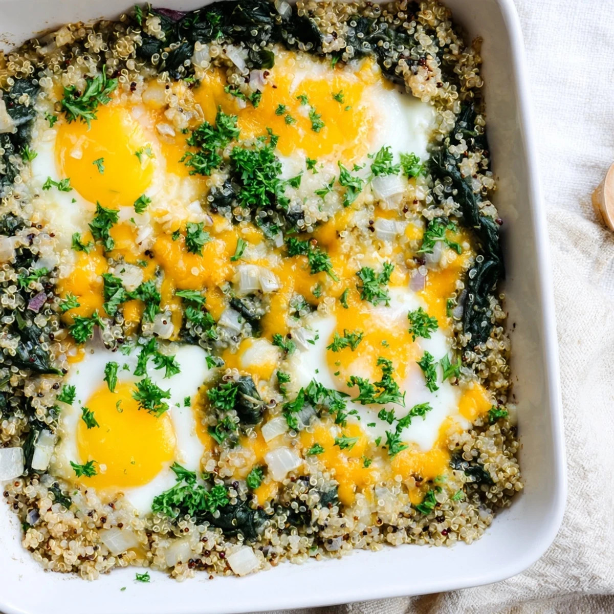 Wholesome quinoa spinach and egg bake casserole featuring tender vegetables and a crispy cheesy crust