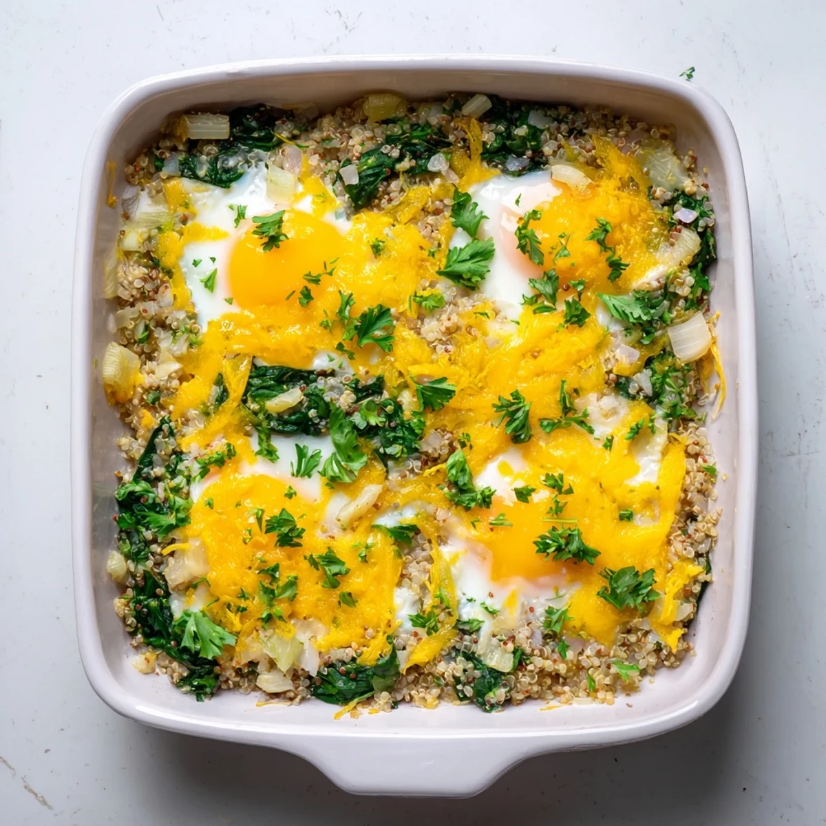 Protein-packed quinoa spinach and egg bake sliced into squares showing fluffy texture and vibrant greens