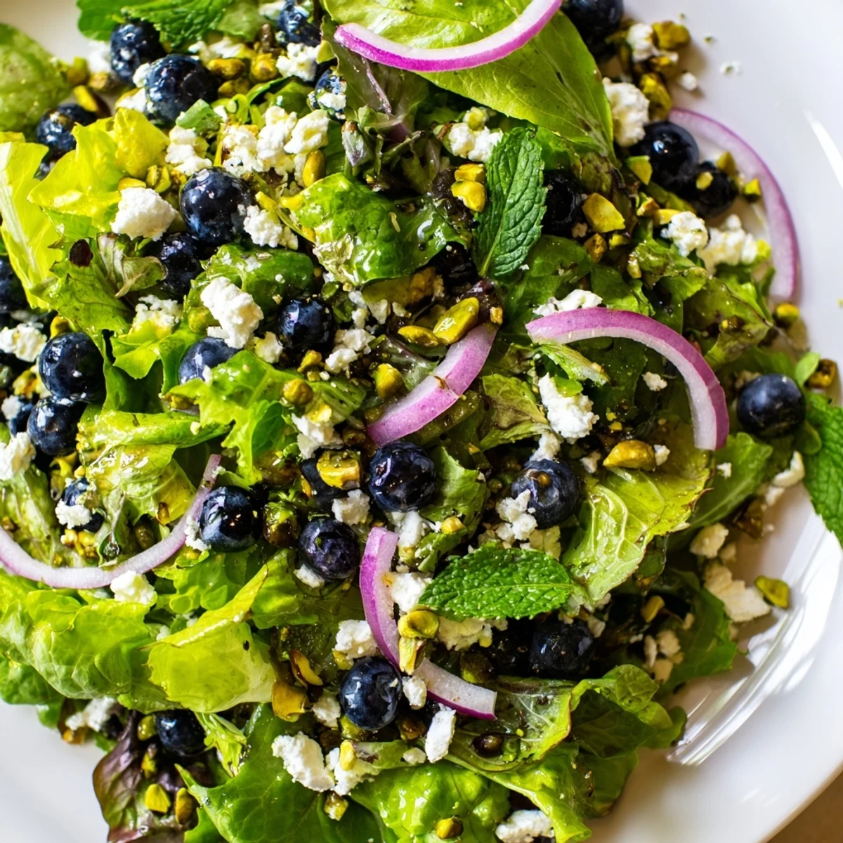 Garden-fresh blueberry pistachio spring salad featuring juicy berries, crunchy pistachios, and tangy lemon dressing