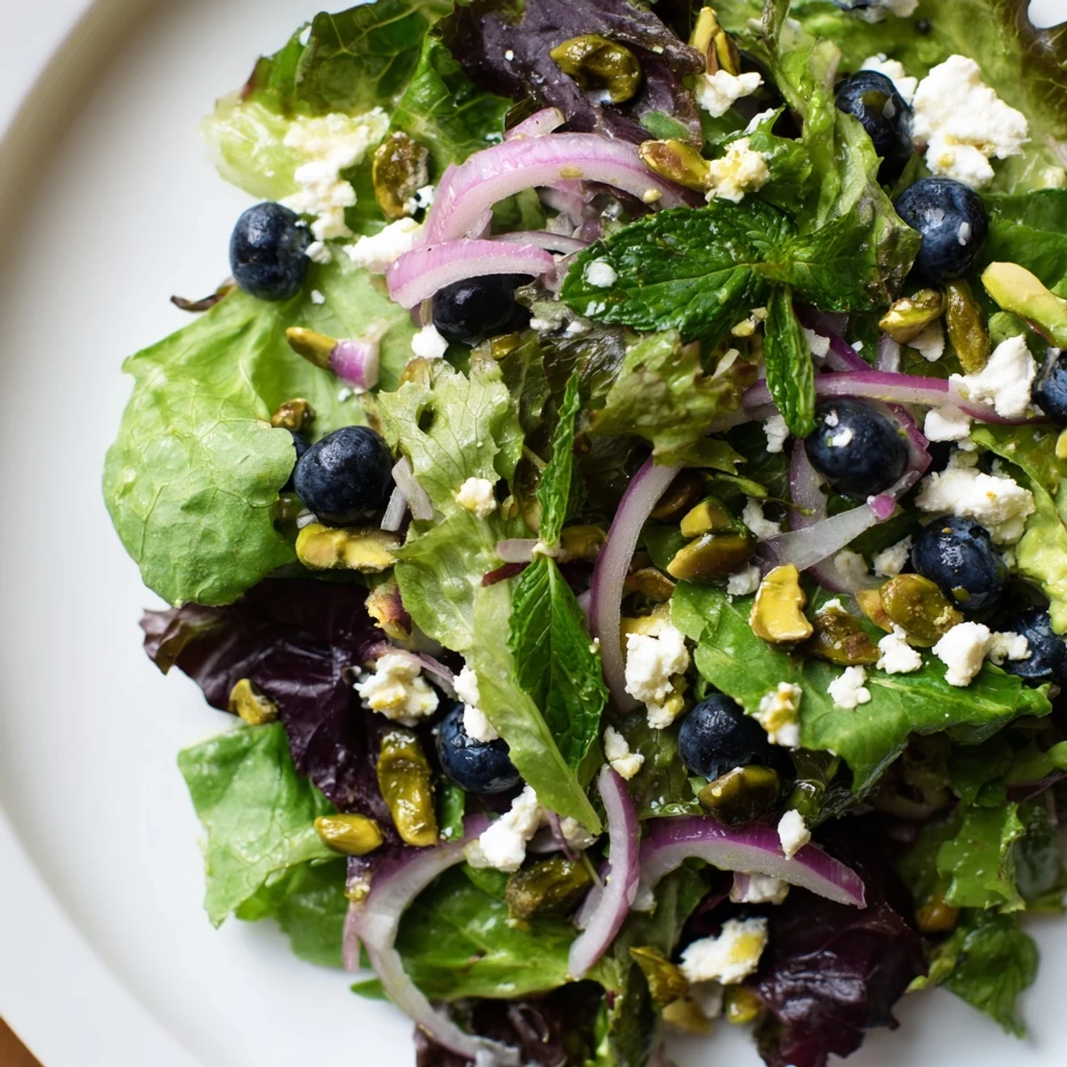 Colorful bowl of blueberry pistachio spring salad topped with crumbled feta, mint leaves, and toasted nuts